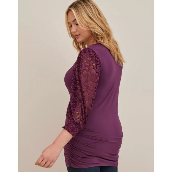 Torrid Super Soft Knit Top Women's 3X Wine Purple Lace Bishop Sleeves Stretchy - Picture 3 of 12